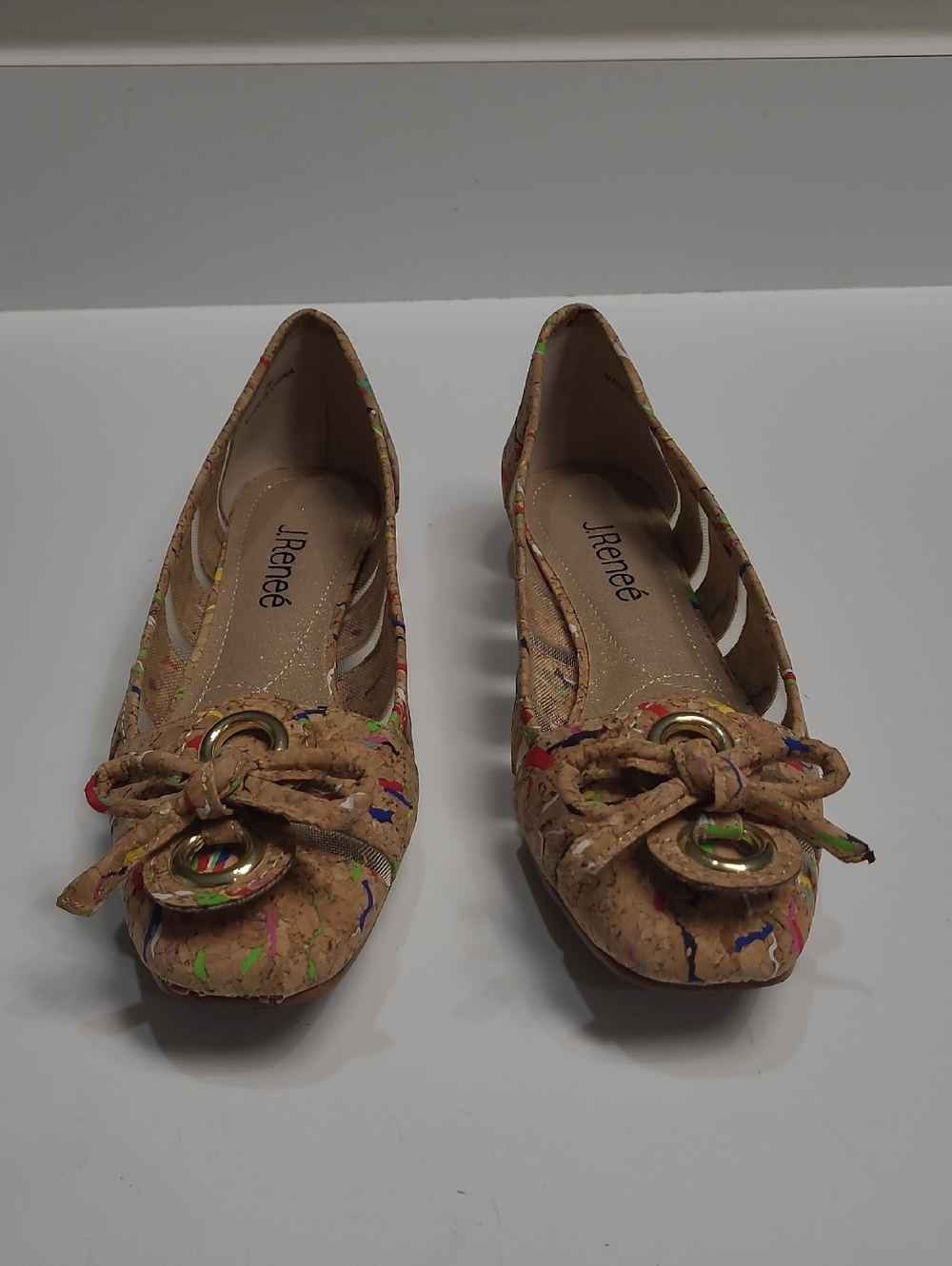 J. Renée Women's Tan Cork Ballet Flats with Multicolor Paint Detail - Size 7